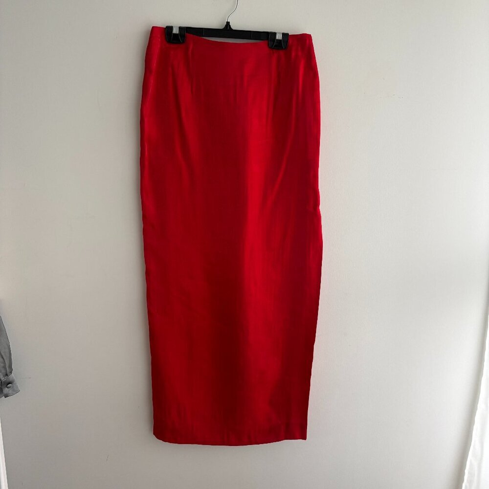Vintage Red Column Maxi Skirt High Slit Lined Minimalist 90s Aesthetic